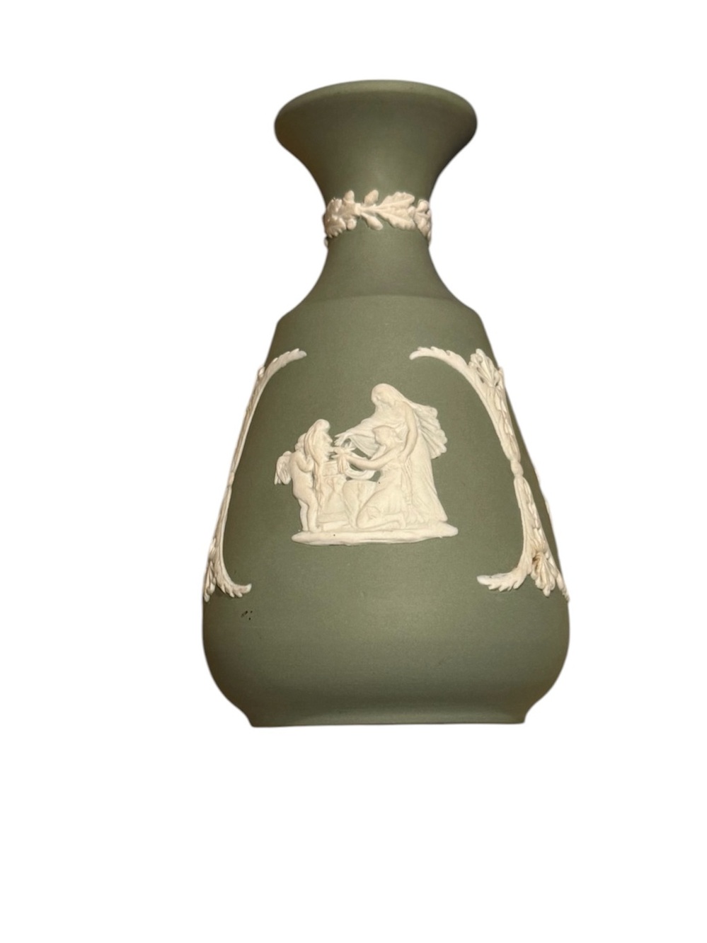 Wedgwood Classic Vintage Celadon Green Jasperware Bud Vase w/White Bas Relief